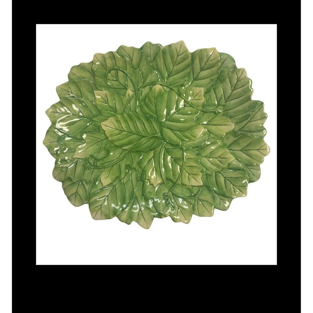 Fitz and Floyd Classics Green Leaf Ceramic Serving Platter Oval Majolica 16.5in